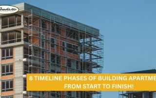 A multi-story apartment building under construction with scaffolding, next to a text overlay that reads, 8 Timeline Phases of Building Apartments From Start to Finish!.